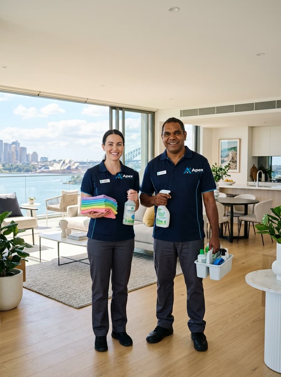Friendly, professional Apex Cleaning team in a sparkling Sydney apartment